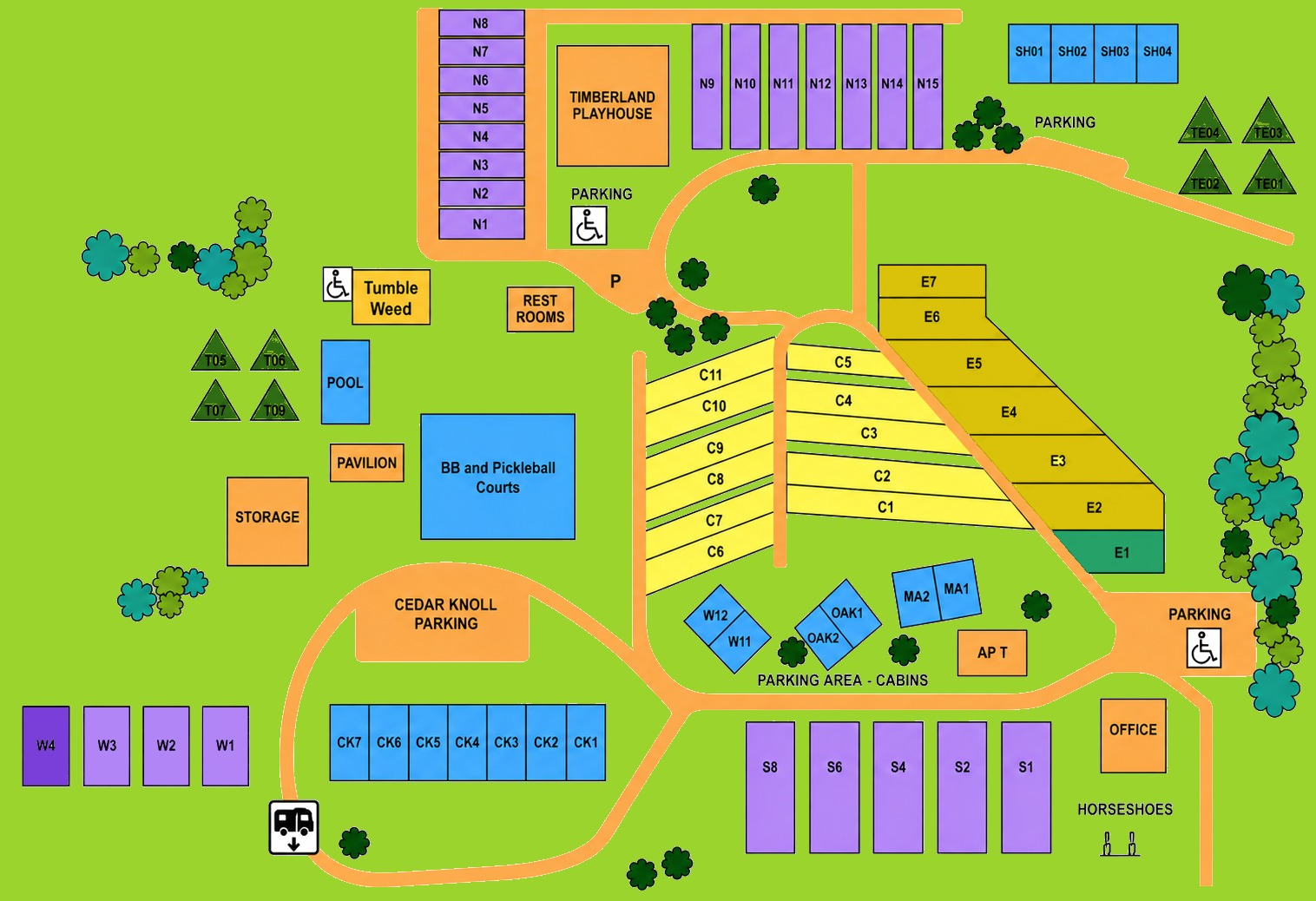 Site map of Grandview Camping and Cottages showing the C and E RV sites, the N, S and W1 to W3 fifty amp pull-through sites, the W4 back-in site, T and TE tent sites, the Cedar Knoll and Oak, Maple, Willow and SH cabins, the swimming pool, basketball and pickleball courts, pavilion, rest rooms, Timberland Playhouse, horseshoe pits and the camp office.